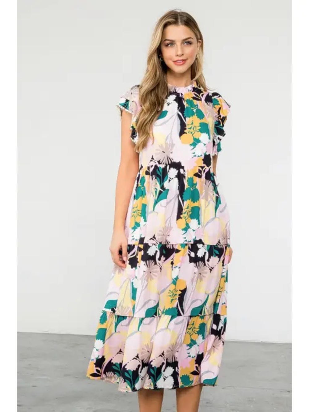 Pastel Pink Floral Tiered Midi Dress with Green and Yellow SizeS 100%Rayon